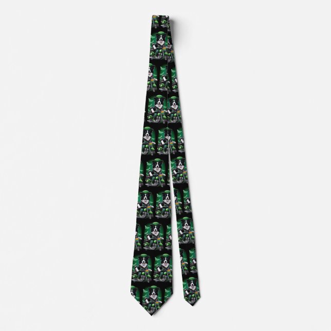 Border Collie Dog Driving Bike St. Patrick's Day Tie (Front)