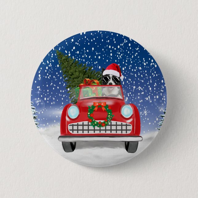 Border Collie  Dog Driving Car In Snow Christmas  6 Cm Round Badge (Front)