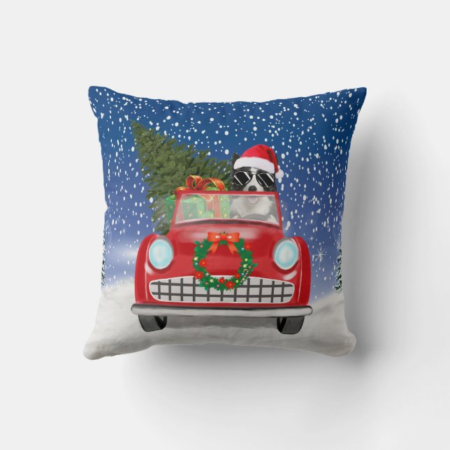 Border Collie  Dog Driving Car In Snow Christmas Cushion (Back)