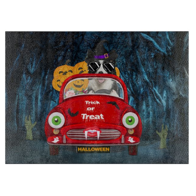 Border Collie Dog Driving Car Scary Halloween  Cutting Board (Front)