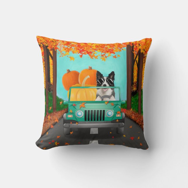 Border Collie Dog Fall Pumpkin Cushion (Front)