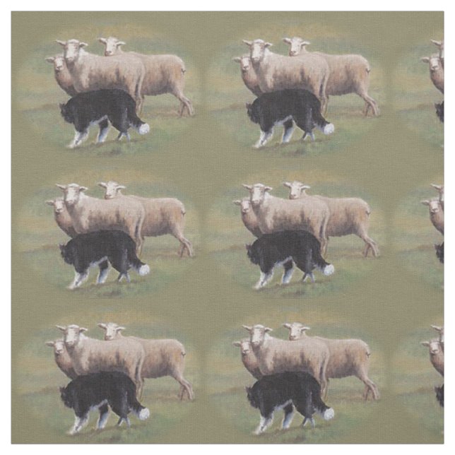 Border Collie Dog Herding Sheep Fabric (Swatch)