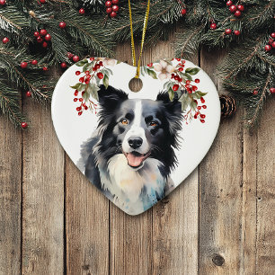 Border Collie Dog Holly Berry Christmas Ceramic Ornament