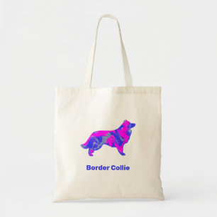 Border Collie Dog Hot Pink & Blue Silhouette Tote Bag