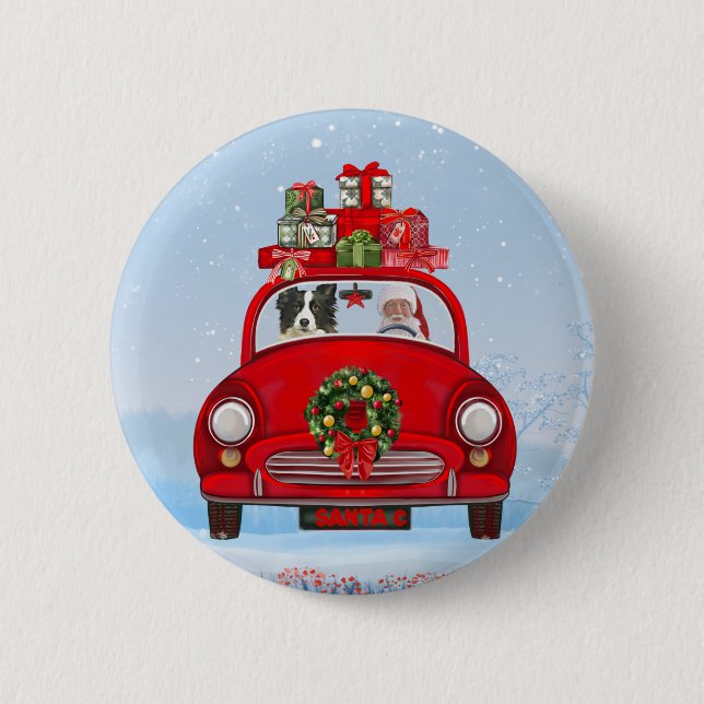 Border Collie Dog In Car With Santa Claus  6 Cm Round Badge (Front)