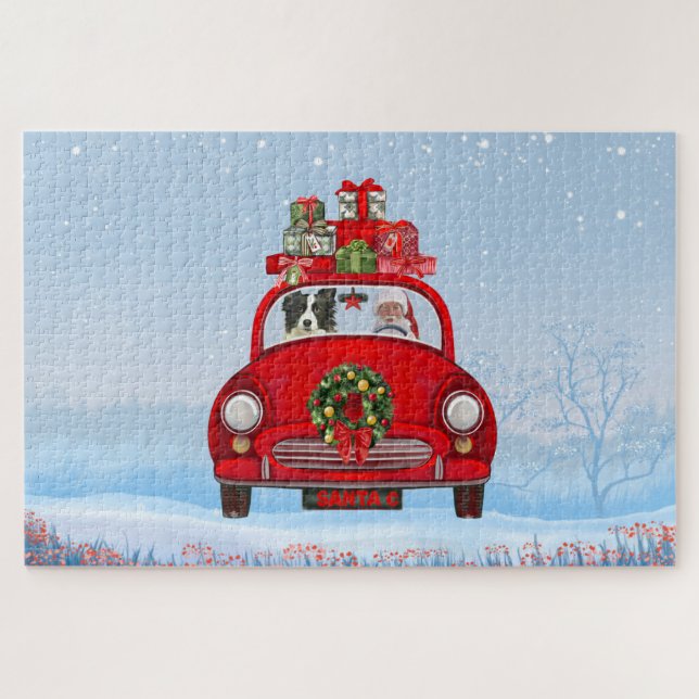 Border Collie Dog In Car With Santa Claus Jigsaw Puzzle (Horizontal)