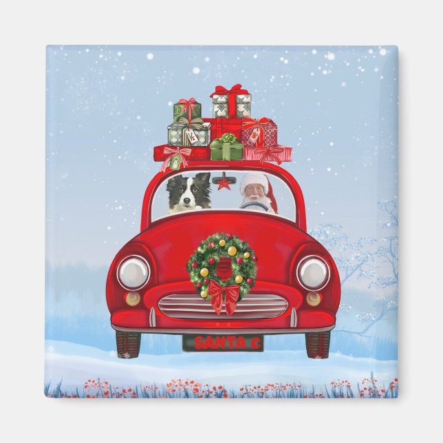 Border Collie Dog In Car With Santa Claus Magnet (Front)