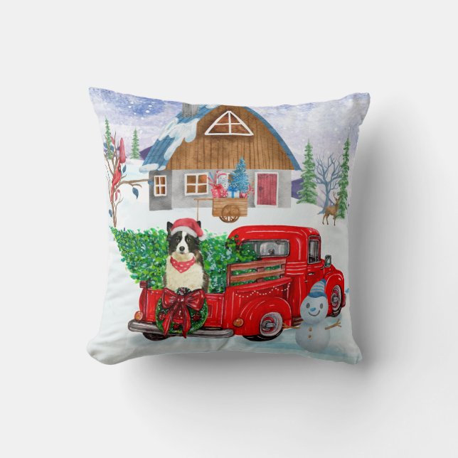Border Collie dog In Christmas Delivery Truck Snow Cushion (Front)