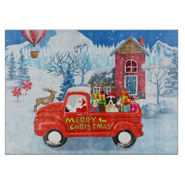 Border Collie Dog in Christmas Delivery Truck Snow Cutting Board (Front)