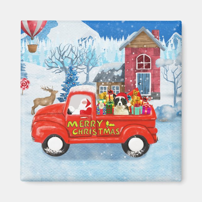 Border Collie Dog in Christmas Delivery Truck Snow Magnet (Front)