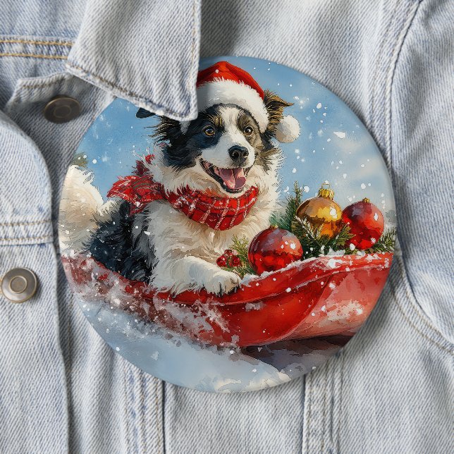 Border Collie Dog in Sledge Let it Snow Christmas  6 Cm Round Badge (In Situ)