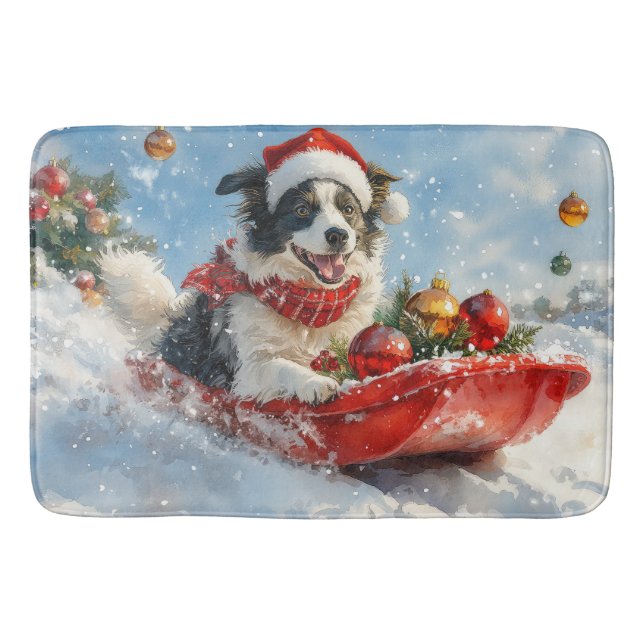 Border Collie Dog in Sledge Let it Snow Christmas  Bath Mat (Front)