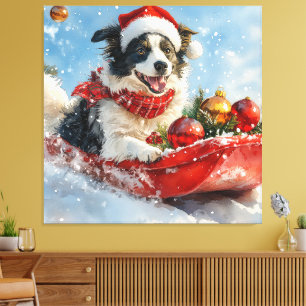 Border Collie Dog in Sledge Let it Snow Christmas Canvas Print