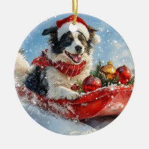 Border Collie Dog in Sledge Let it Snow Christmas Ceramic Ornament