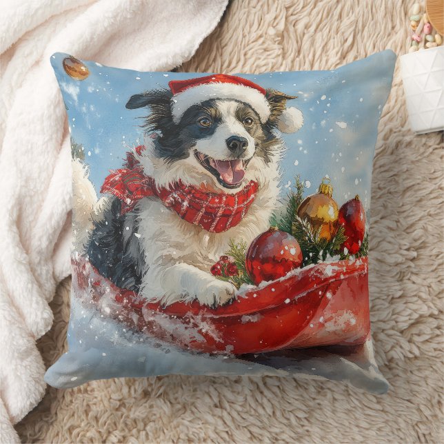Border Collie Dog in Sledge Let it Snow Christmas  Cushion (Blanket)