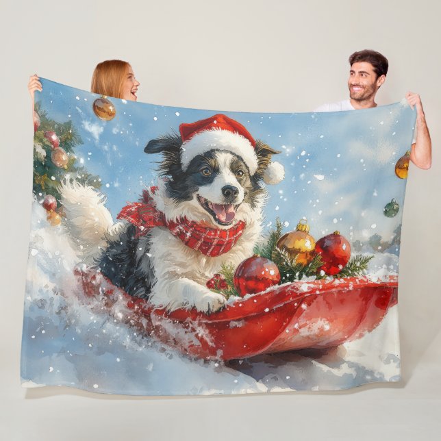 Border Collie Dog in Sledge Let it Snow Christmas  Fleece Blanket (In Situ)