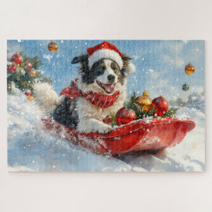 Border Collie Dog in Sledge Let it Snow Christmas Jigsaw Puzzle