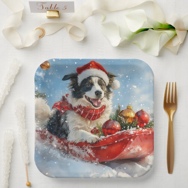 Border Collie Dog in Sledge Let it Snow Christmas  Paper Plate (Wedding)
