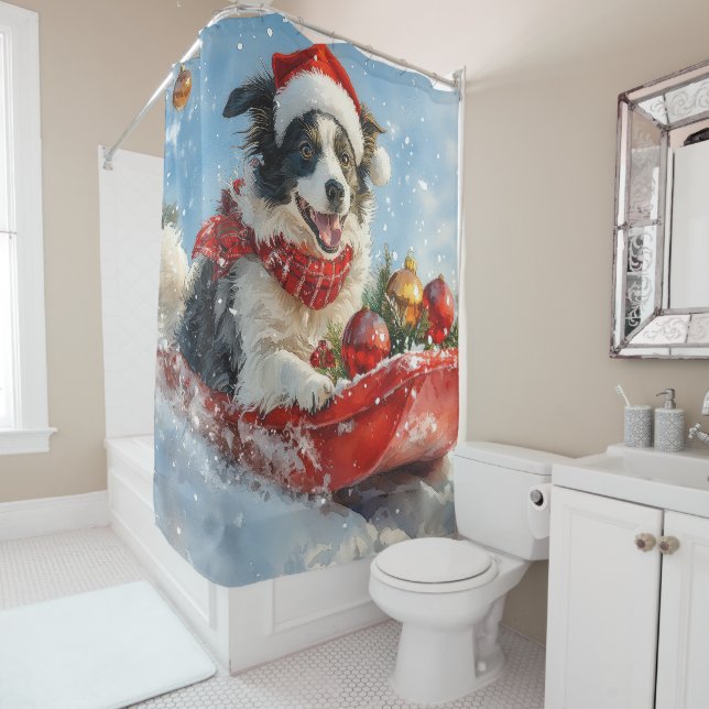 Border Collie Dog in Sledge Let it Snow Christmas  Shower Curtain (In Situ)