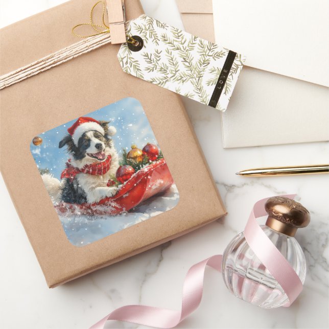 Border Collie Dog in Sledge Let it Snow Christmas  Square Sticker (Gifting)