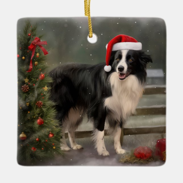 Border Collie Dog in Snow Christmas Ceramic Ornament (Front)
