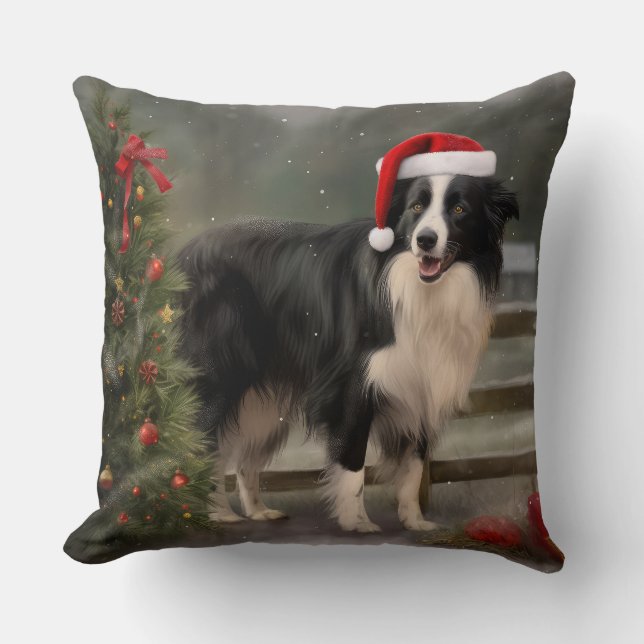 Border Collie Dog in Snow Christmas Cushion (Front)