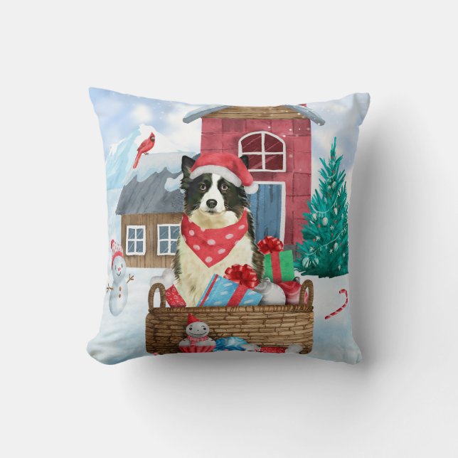 Border Collie Dog In snow Christmas Dog House Cushion (Front)