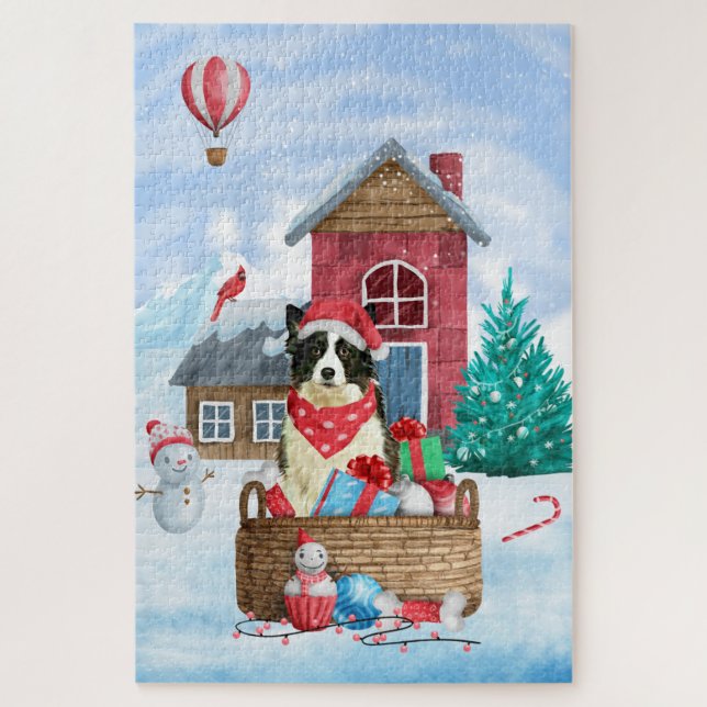 Border Collie Dog In snow Christmas Dog House Jigsaw Puzzle (Vertical)