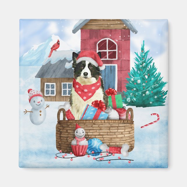 Border Collie Dog In snow Christmas Dog House Magnet (Front)