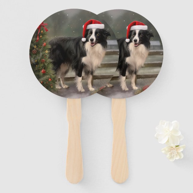 Border Collie Dog in Snow Christmas Hand Fan (Front and Back)