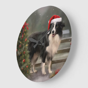 Border Collie Dog in Snow Christmas Large Clock