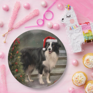 Border Collie Dog in Snow Christmas Paper Plate