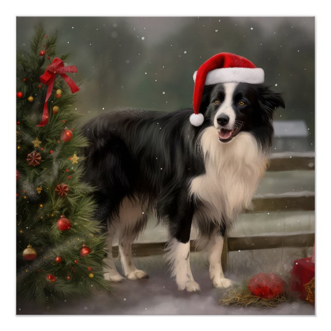 Border Collie Dog in Snow Christmas Poster (Front)