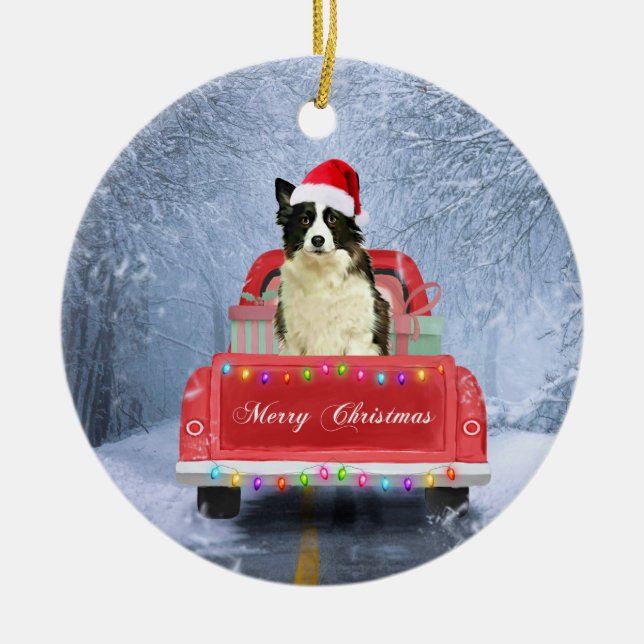 Border Collie Dog in Snow sitting in Christmas  Ceramic Ornament (Front)