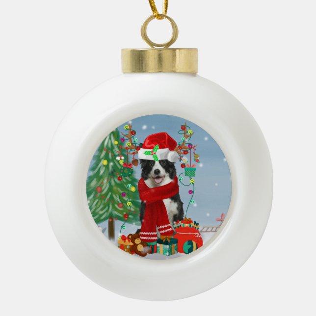 Border Collie dog  in Snow with Christmas gifts   Ceramic Ball Christmas Ornament (Front)