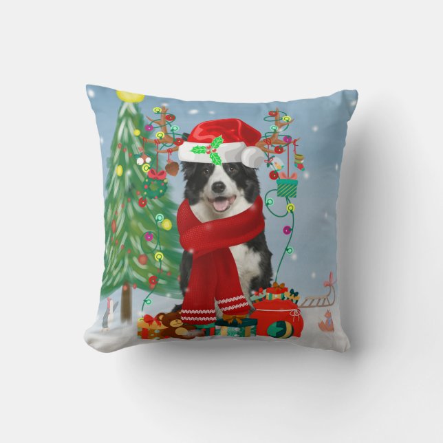 Border Collie dog  in Snow with Christmas gifts  Cushion (Front)