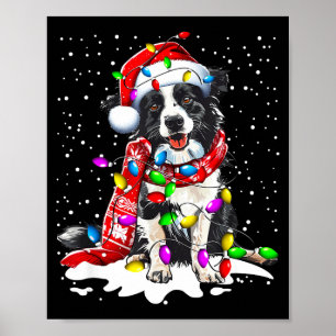 Border Collie Dog Lighting Xmas Santa Hat Christma Poster