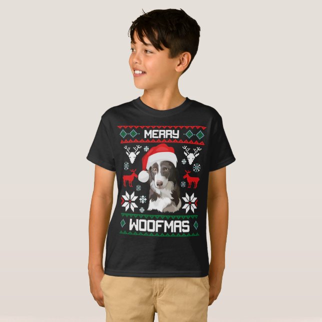 Border Collie Dog Merry Woofmas Christmas T-Shirt (Front Full)