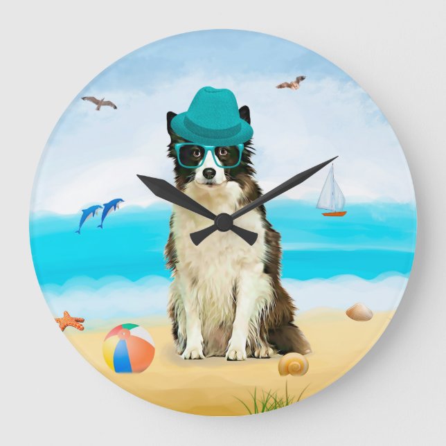 Border Collie Dog on Beach Large Clock (Front)
