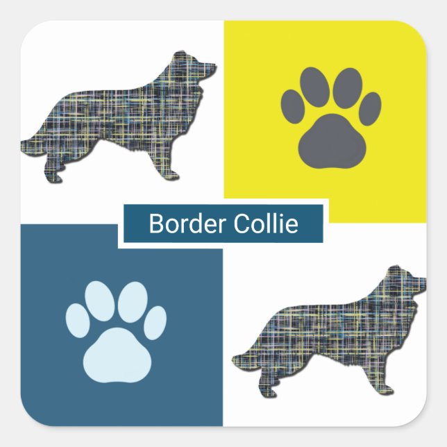 Border Collie Dog & Paw Y&B Grid Square Sticker (Front)