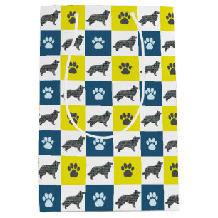 Border Collie Dog & Paw Yellow & Black Grid Medium Gift Bag