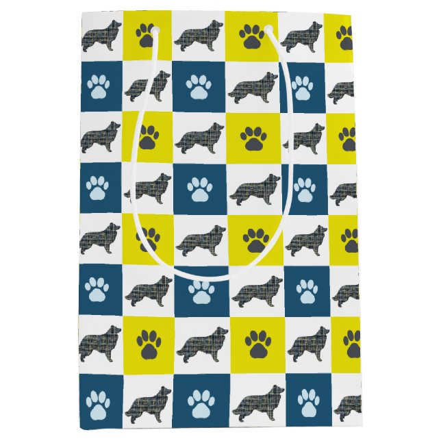 Border Collie Dog & Paw Yellow & Black Grid Medium Gift Bag (Front)