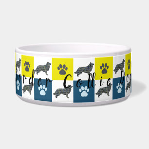 Border Collie Dog & Paw Yellow & Blue Grid