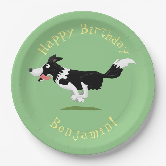 Border Collie dog personalised birthday cartoon Paper Plate (Front)
