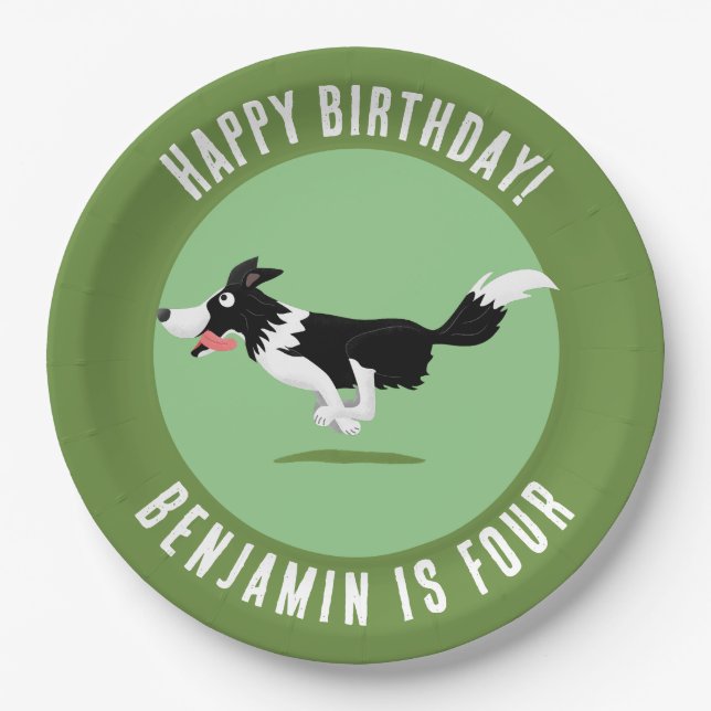 Border Collie dog personalised birthday cartoon Paper Plate (Front)