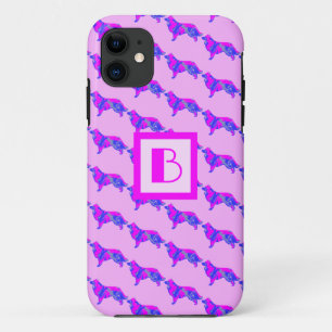 Border Collie Dog Pink & Blue Silhouette Monogram iPhone 11 Case