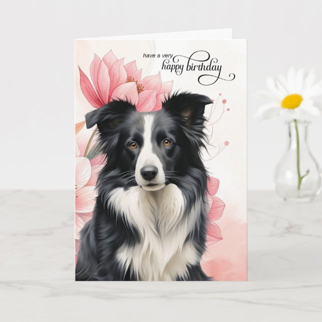 Border Collie Dog Pink Botanical Flowers Birthday Card (Small Plant)