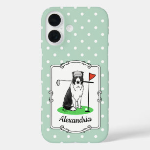 Border Collie Dog Playing Golf (black & white) Fun iPhone 16 Case