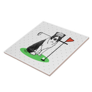 Border Collie Dog Playing Golf (black & white) Fun Ceramic Tile