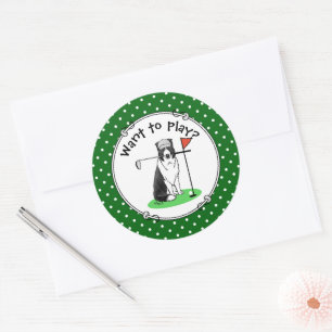 Border Collie Dog Playing Golf (black & white) Fun Classic Round Sticker